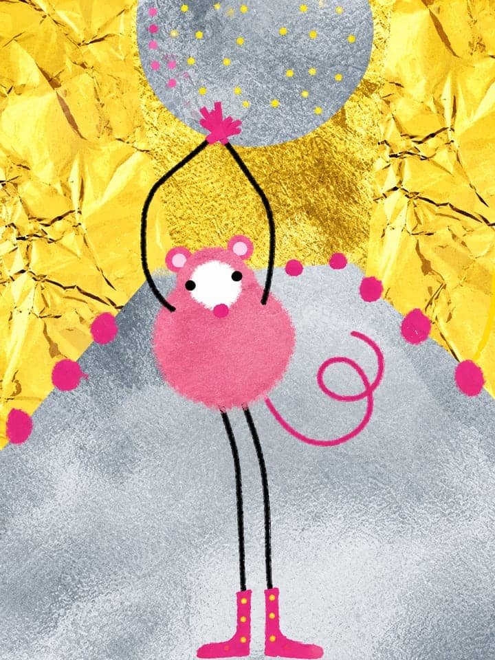 Studio Mouse, a pink pom-pom mouse holding up a disco ball